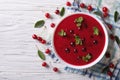 Hungarian cold cherry soup on the table. Horizontal top view