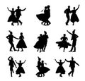 Hungarian csardas folk dancer couples in love, vector silhouette. German folklore Oktoberfest actors.