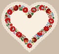 Hungarian embroidery heart frame with lace edge Royalty Free Stock Photo