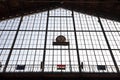 Hungarian and European flag hung on the main window of Nyguati Palyaudvar train station. Royalty Free Stock Photo