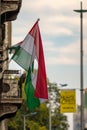 Hungarian flag with a hole in the middle as symbol of the anti-Soviet uprising in 1956 in Budapest