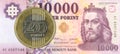 200 hungarian forint coin against 10000 hungarian forint Royalty Free Stock Photo