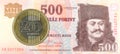 200 hungarian forint coin against 500 hungarian forint note