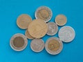 Hungarian forint coins under magnifying glass on a blue background. Local currencies