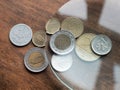 Hungarian forint coins under magnifying glass on a wooden table. Local currencies