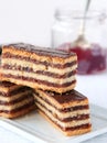 Hungarian Gerbeaud layered cake with walnut and apricot jam filling, covered with chocolate zserbo Royalty Free Stock Photo