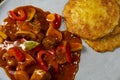 Hungarian goulash with potato pancakes Royalty Free Stock Photo