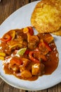 Hungarian goulash with potato pancakes Royalty Free Stock Photo