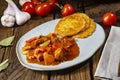 Hungarian goulash with potato pancakes Royalty Free Stock Photo