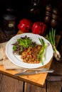 Hungarian goulash with potato pancakes Royalty Free Stock Photo