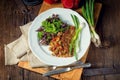 Hungarian goulash with potato pancakes Royalty Free Stock Photo