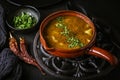 Hungarian hot goulash soup, beef, tomato, pepper, chili, smoked paprika soup. Traditional Hungarian dish