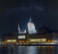 Hungarian landmark, Budapest Parliament night view with Milky Way Galaxy stars in sky . Long exposure Royalty Free Stock Photo