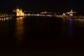 Hungarian landmarks in Budapest at night.