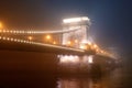 Hungarian landmarks at night, Chain Bridge in Budapest in fog