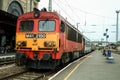 Hungarian locomotive, M41 class, belonging to MAV Start, the passenger state hungarian railways, at Pecs train station Royalty Free Stock Photo