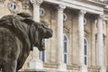 Hungarian national gallery facade and lion sculpture. Budapest historic site Royalty Free Stock Photo