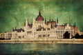 Hungarian parliament in Budapest, Hungary. Retro Royalty Free Stock Photo
