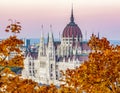 Hungarian parliament building in autumn at sunset, Budapest, Hungary Royalty Free Stock Photo