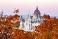 Hungarian parliament building in autumn at sunset, Budapest, Hungary Royalty Free Stock Photo