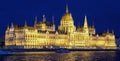 The Hungarian parliament building on the bank of the Danube river at night Royalty Free Stock Photo