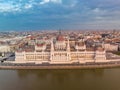 Hungarian Parliament Building. Budapest Cityscape. Drone Point of View. Danube River in Foreground