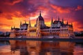 Hungarian Parliament Building in Budapest at sunset, Hungary. Beautiful landscape, Hungarian parliament, Budapest, at sunset, AI Royalty Free Stock Photo