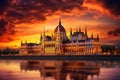 Hungarian Parliament building in Budapest at sunset, Hungary, Europe, Hungarian parliament, Budapest, at sunset, AI Generated