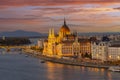 Hungarian parliament building and Danube river at sunset, Budapest, Hungary Royalty Free Stock Photo