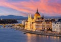 Hungarian parliament building and Danube river at sunset, Budapest, Hungary Royalty Free Stock Photo