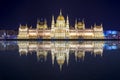 Hungarian Parliament Building at night with reflection in Danube river, Budapest, Hungary Royalty Free Stock Photo