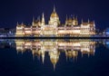 Hungarian Parliament Building at night with reflection in Danube river, Budapest, Hungary Royalty Free Stock Photo