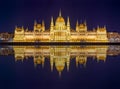 Hungarian Parliament building at night with reflection in Danube river, Budapest, Hungary Royalty Free Stock Photo