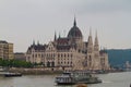 Hungarian Parliament building north side from tourist ship on Danube river, capital downtown on cold misty and cloudy morning