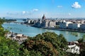 Panorama on Parliament of Budapest and Danube river in Hungary. Royalty Free Stock Photo