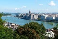 Panorama on Parliament of Budapest and Danube river in Hungary. Royalty Free Stock Photo