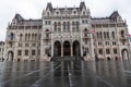 The Hungarian Parliament building on a rainy fall day in Budapest, the capital of Hungary