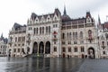 The Hungarian Parliament building on a rainy fall day in Budapest, the capital of Hungary