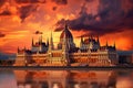Hungarian Parliament building at sunset in Budapest, Hungary. Landmark of Hungary, Hungarian parliament, Budapest, at sunset, AI