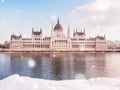 Hungarian parliament building at winter with snow. Snow lies on the river bank, Budapest Royalty Free Stock Photo