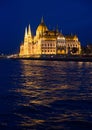 Hungarian Parliament next to the river Danube in Budapest at blue hour after sunset Royalty Free Stock Photo