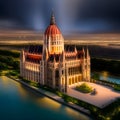 hungarian parliament underwater-beach, palm trees behind, aerial shot, real photography, unreal-engine, 4k, highly detailed