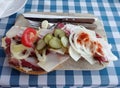 A hungarian sandwich with pigs fat and vegetables