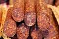 Close up of traditional hungarian homemade salami sausages on farmers market for sale Royalty Free Stock Photo