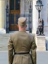 The Hungarian soldier standing on a check-post against the Hungarian Parliament building