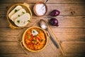 Hungarian Szegedin Goulash with pickled white cabbage sauerkraut and bread dumplings Royalty Free Stock Photo