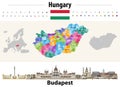 Hungary administrative divisions map. Flag of Hungary. Budapest cityscape. Vector illustration Royalty Free Stock Photo