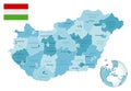 Hungary administrative blue-green map with country flag and location on a globe.