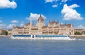 Hungary, boat cruise near panoramic view and city skyline of Budapest historic center