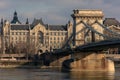 Hungary Budapest, Chain Bridge against the background of the Gresham Palace, reflected on the water Royalty Free Stock Photo